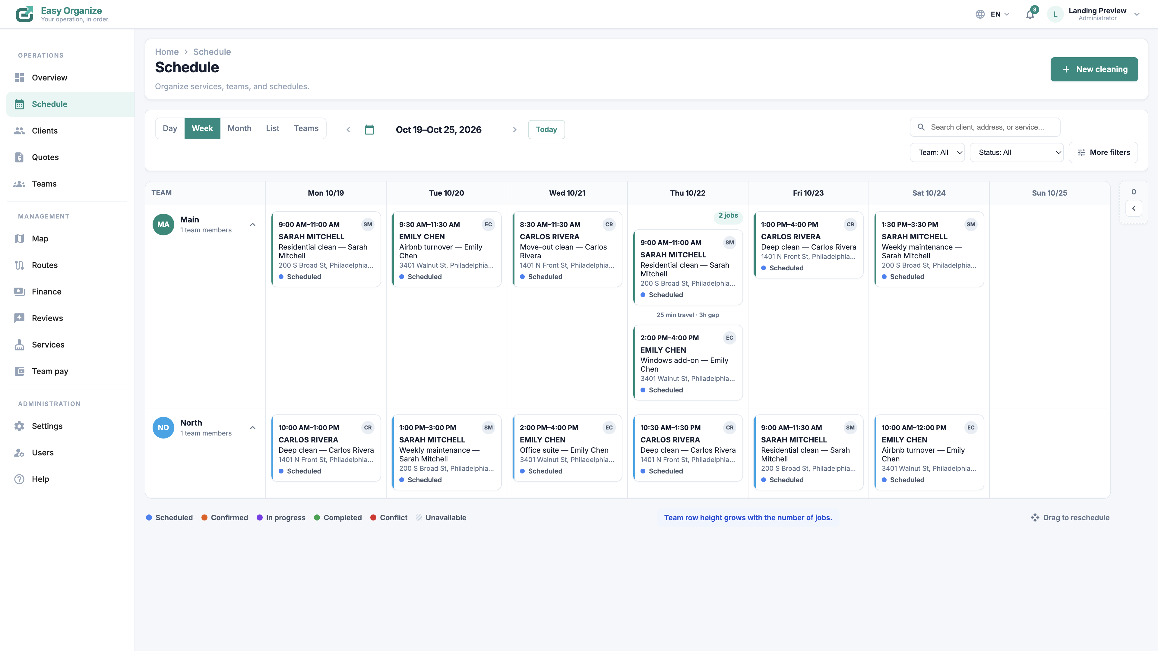 Easy Organize AI Schedule week view with Team Main and Team North and cleaning jobs across the week